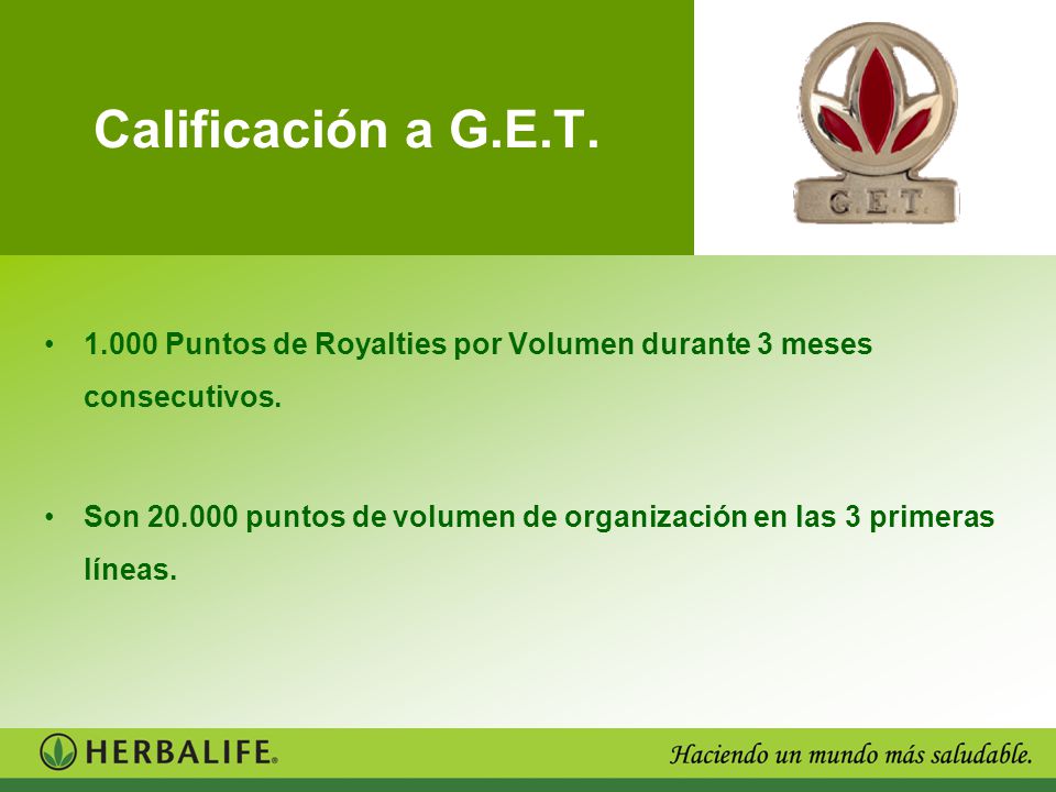 Calificación a G.E.T Puntos de Royalties por Volumen durante 3 meses consecutivos.