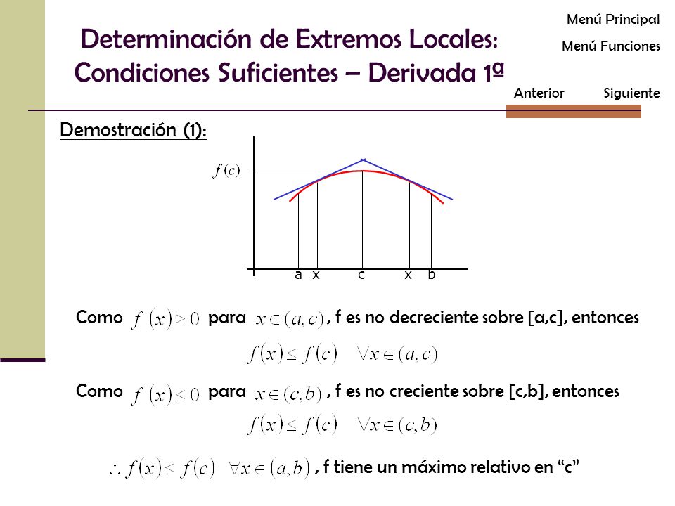 Menú Principal Determinación de Extremos Locales: Condiciones Suficientes – Derivada 1ª. Menú Funciones.