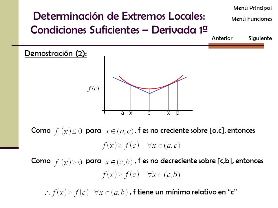 Menú Principal Determinación de Extremos Locales: Condiciones Suficientes – Derivada 1ª. Menú Funciones.