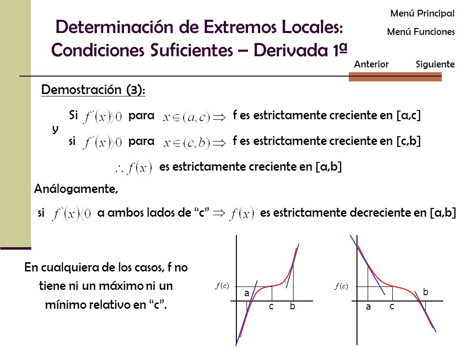 Menú Principal Determinación de Extremos Locales: Condiciones Suficientes – Derivada 1ª. Menú Funciones.