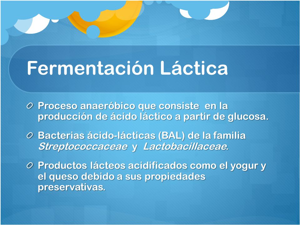 Fermentación Láctica Proceso anaeróbico que consiste en la producción de ácido láctico a partir de glucosa.