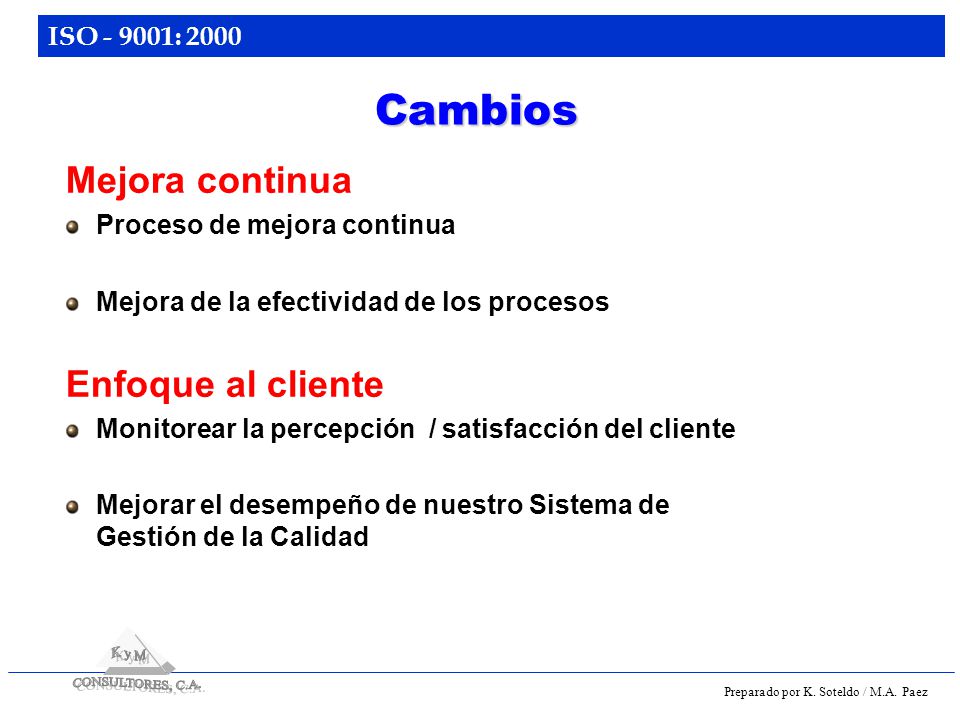 Cambios Mejora continua Enfoque al cliente Proceso de mejora continua