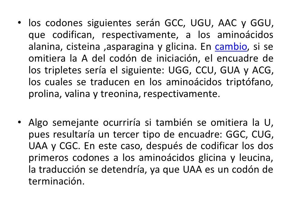 los codones siguientes serán GCC, UGU, AAC y GGU, que codifican, respectivamente, a los aminoácidos alanina, cisteina ,asparagina y glicina. En cambio, si se omitiera la A del codón de iniciación, el encuadre de los tripletes sería el siguiente: UGG, CCU, GUA y ACG, los cuales se traducen en los aminoácidos triptófano, prolina, valina y treonina, respectivamente.