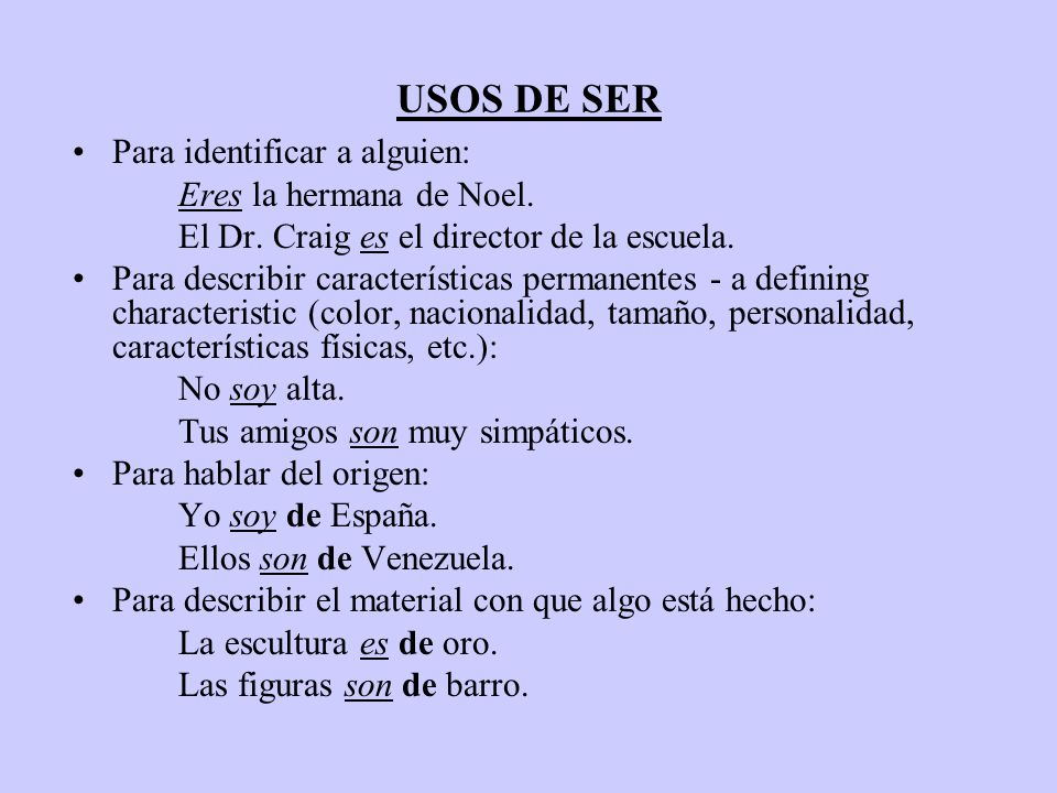 USOS DE SER Para identificar a alguien: Eres la hermana de Noel.