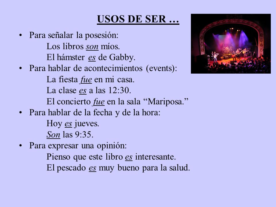 USOS DE SER … Para señalar la posesión: Los libros son míos.