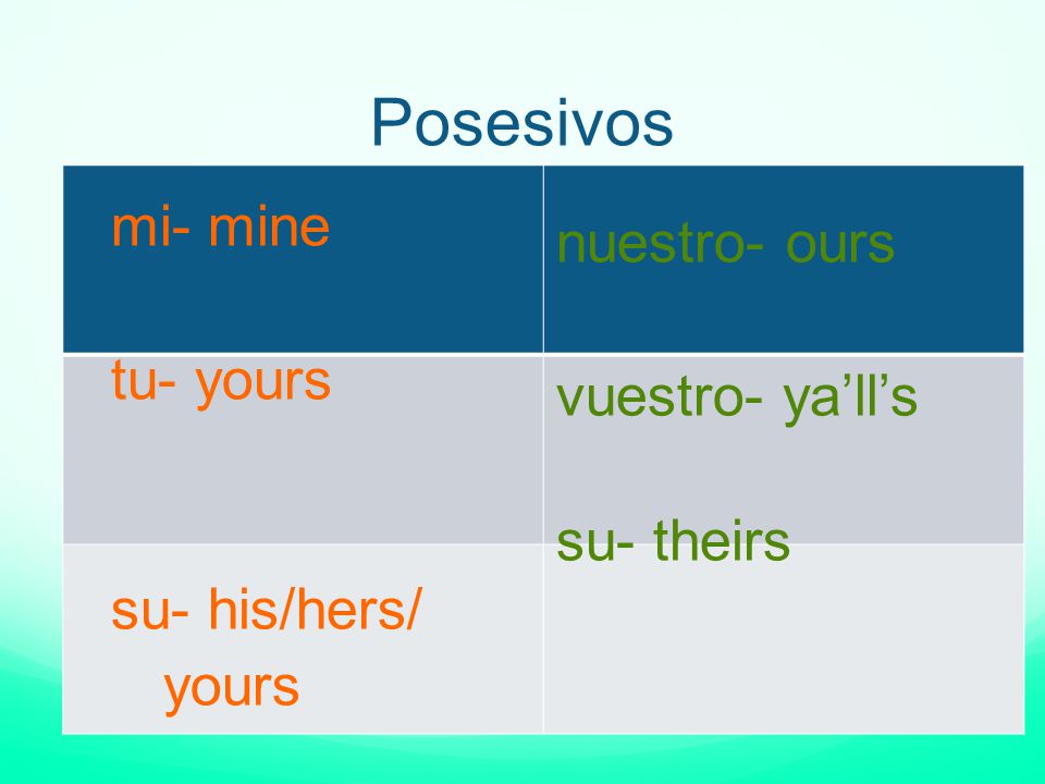 Posesivos mi- mine nuestro- ours tu- yours vuestro- ya’ll’s su- theirs