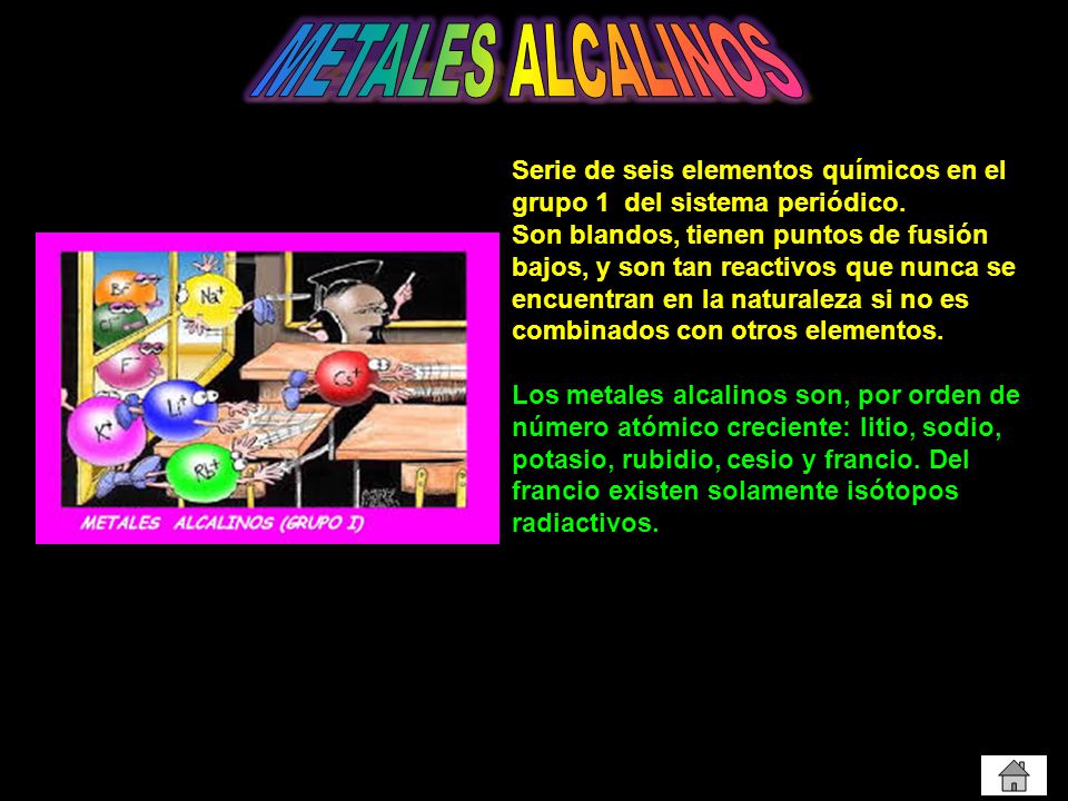 METALES ALCALINOS Serie de seis elementos químicos en el grupo 1 del sistema periódico.