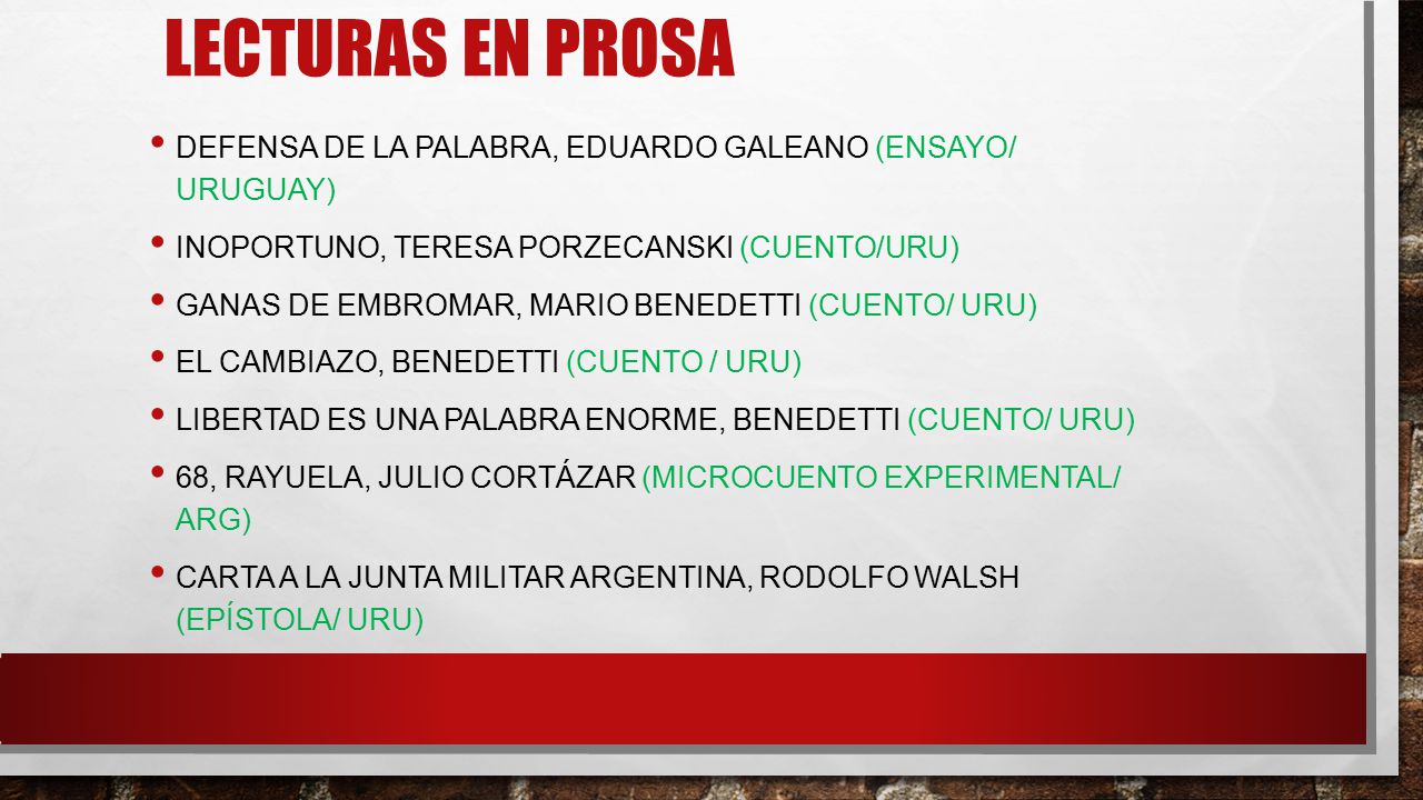 LECTURAS EN PROSA Defensa de la Palabra, Eduardo Galeano (ensayo/ UruGuay) Inoportuno, Teresa Porzecanski (cuento/uru)
