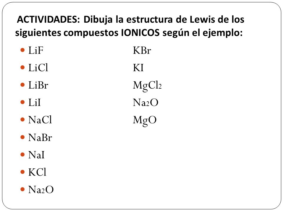 LiF KBr LiCl KI LiBr MgCl2 LiI Na2O NaCl MgO NaBr NaI KCl Na2O