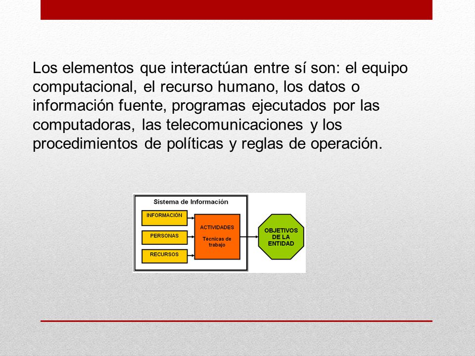 Los elementos que interactúan entre sí son: el equipo computacional, el recurso humano, los datos o información fuente, programas ejecutados por las computadoras, las telecomunicaciones y los procedimientos de políticas y reglas de operación.