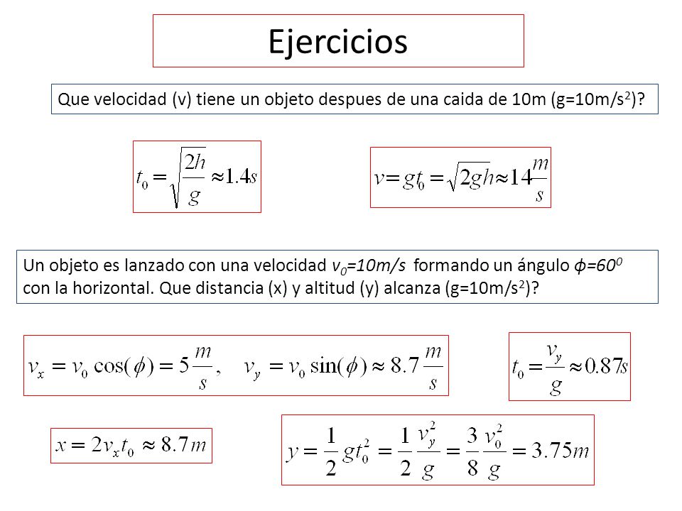 Ejercicios Que velocidad (v) tiene un objeto despues de una caida de 10m (g=10m/s2)