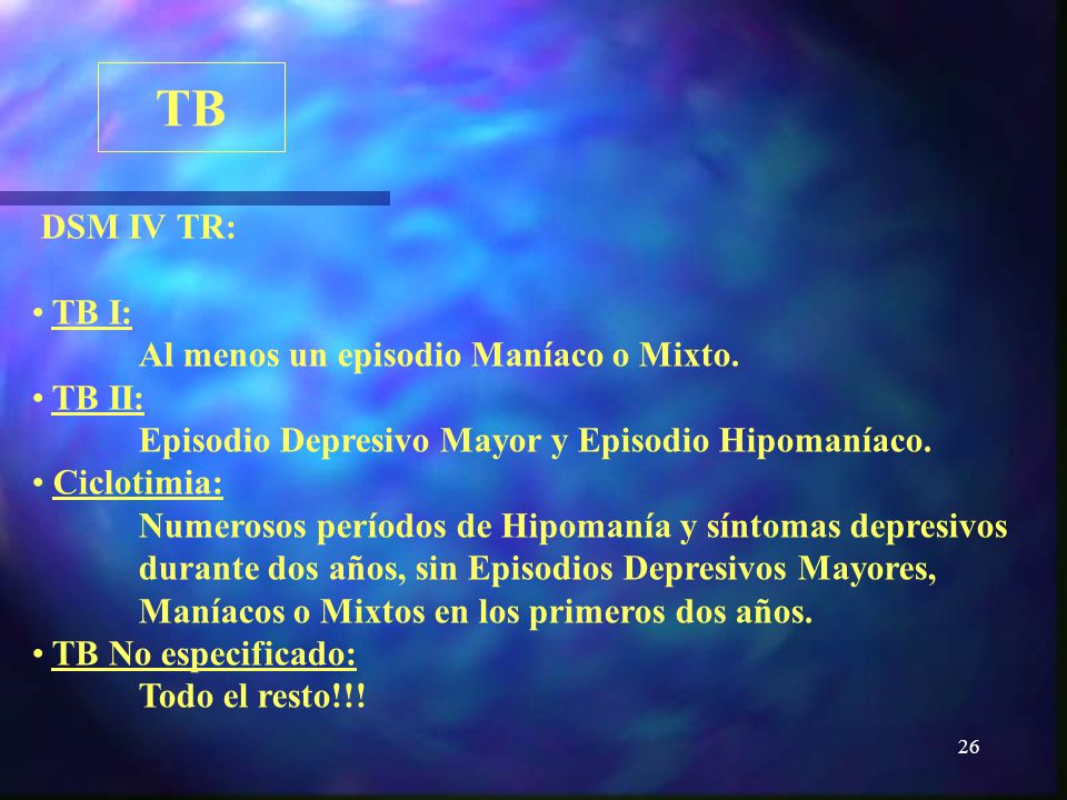 TB DSM IV TR: TB I: Al menos un episodio Maníaco o Mixto. TB II: