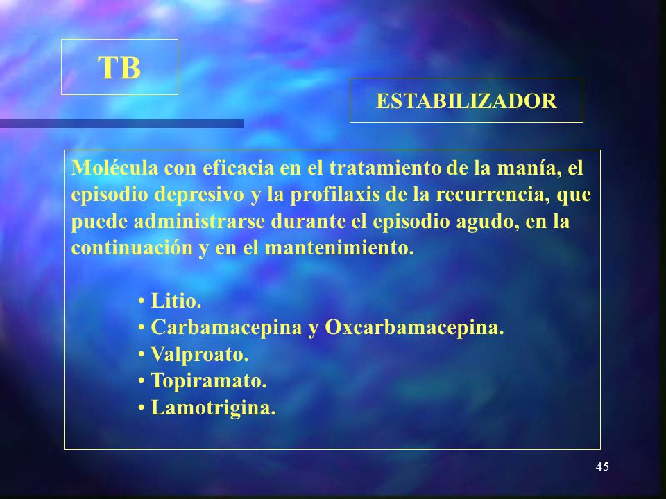 TB ESTABILIZADOR. Molécula con eficacia en el tratamiento de la manía, el. episodio depresivo y la profilaxis de la recurrencia, que.