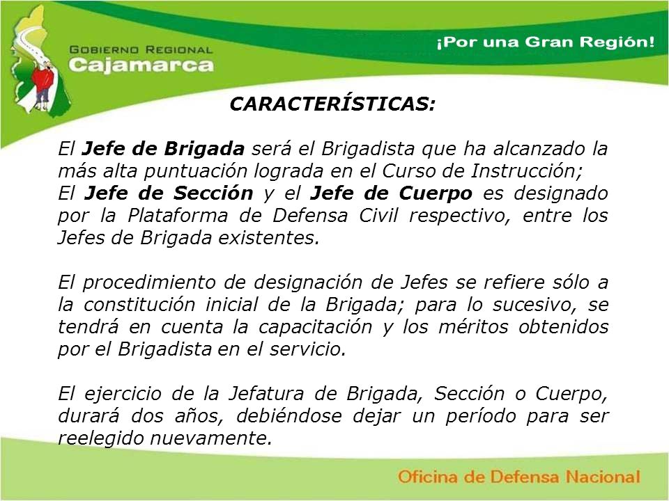 CARACTERÍSTICAS: El Jefe de Brigada será el Brigadista que ha alcanzado la más alta puntuación lograda en el Curso de Instrucción;