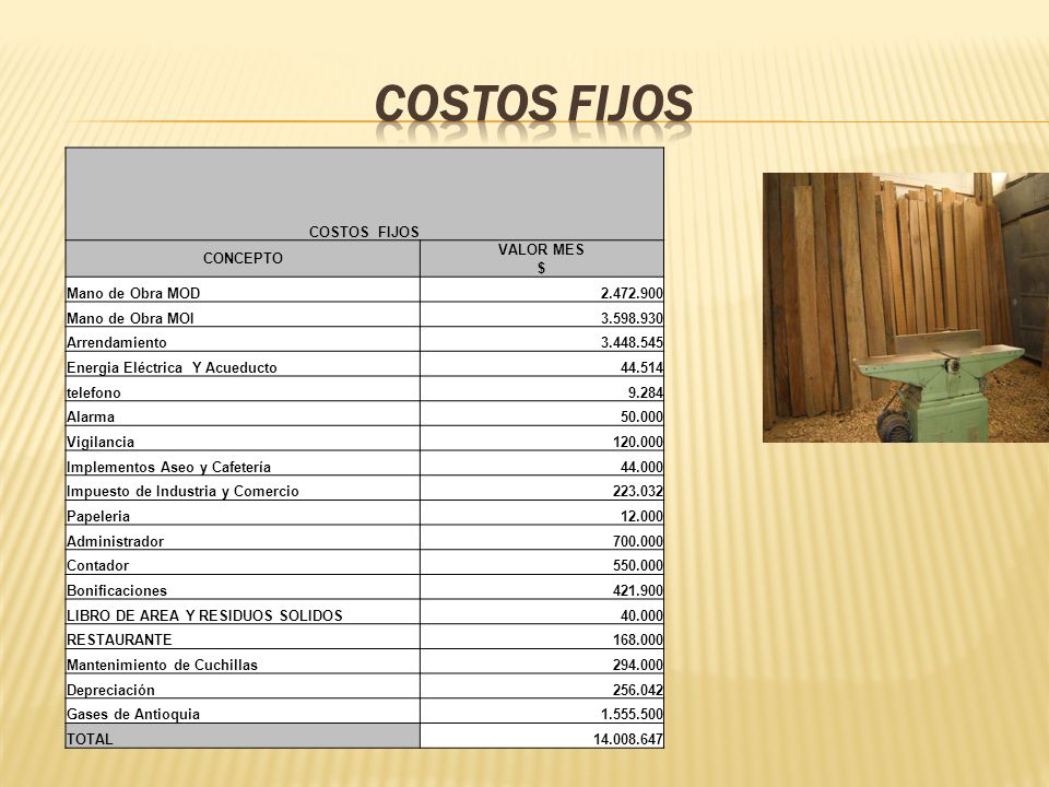 COSTOS FIJOS COSTOS FIJOS CONCEPTO VALOR MES $ Mano de Obra MOD