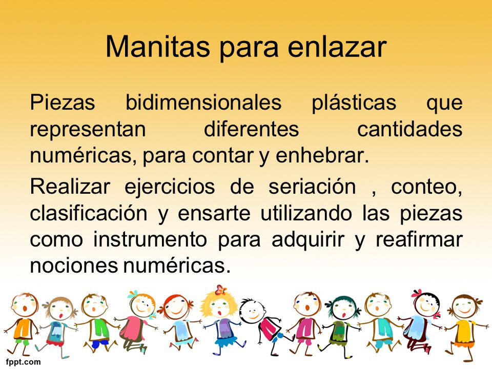 Manitas para enlazar Piezas bidimensionales plásticas que representan diferentes cantidades numéricas, para contar y enhebrar.