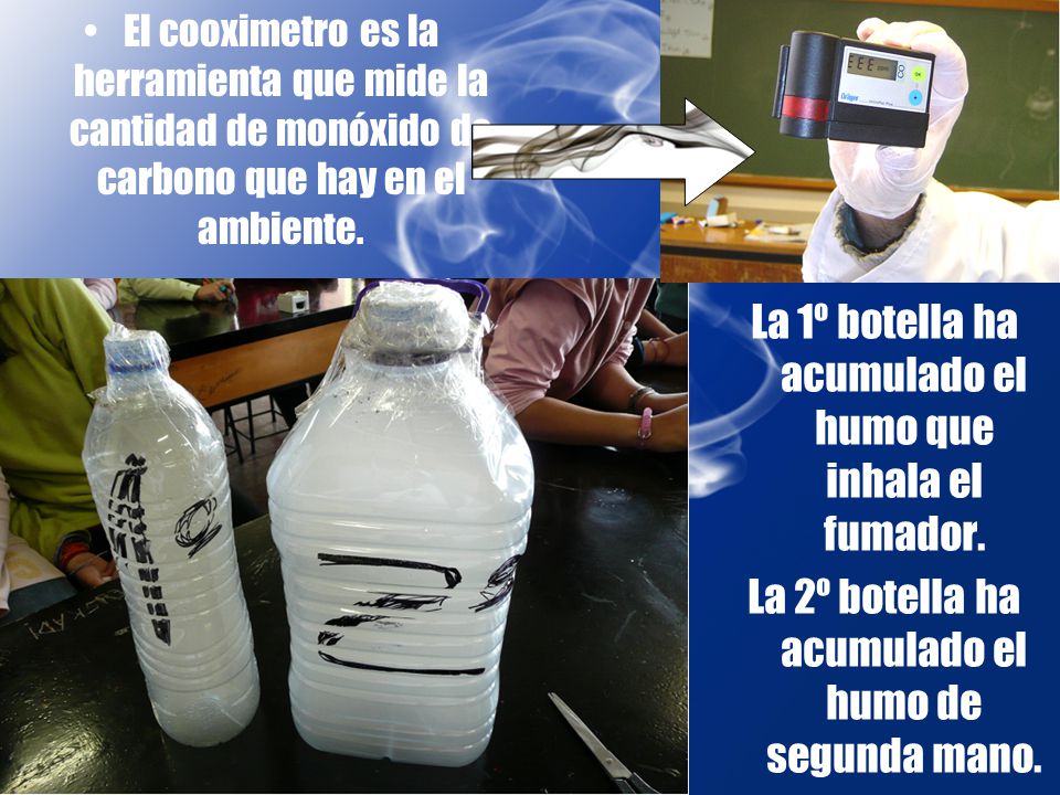 La 1º botella ha acumulado el humo que inhala el fumador.