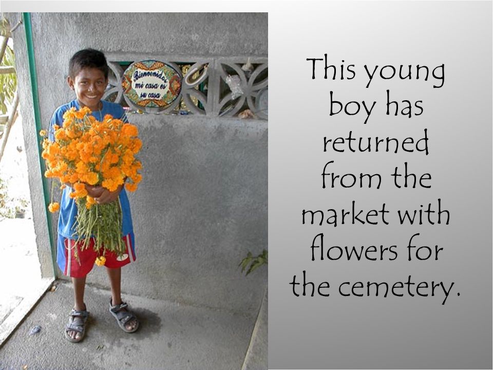 This young boy has returned from the market with flowers for the cemetery.