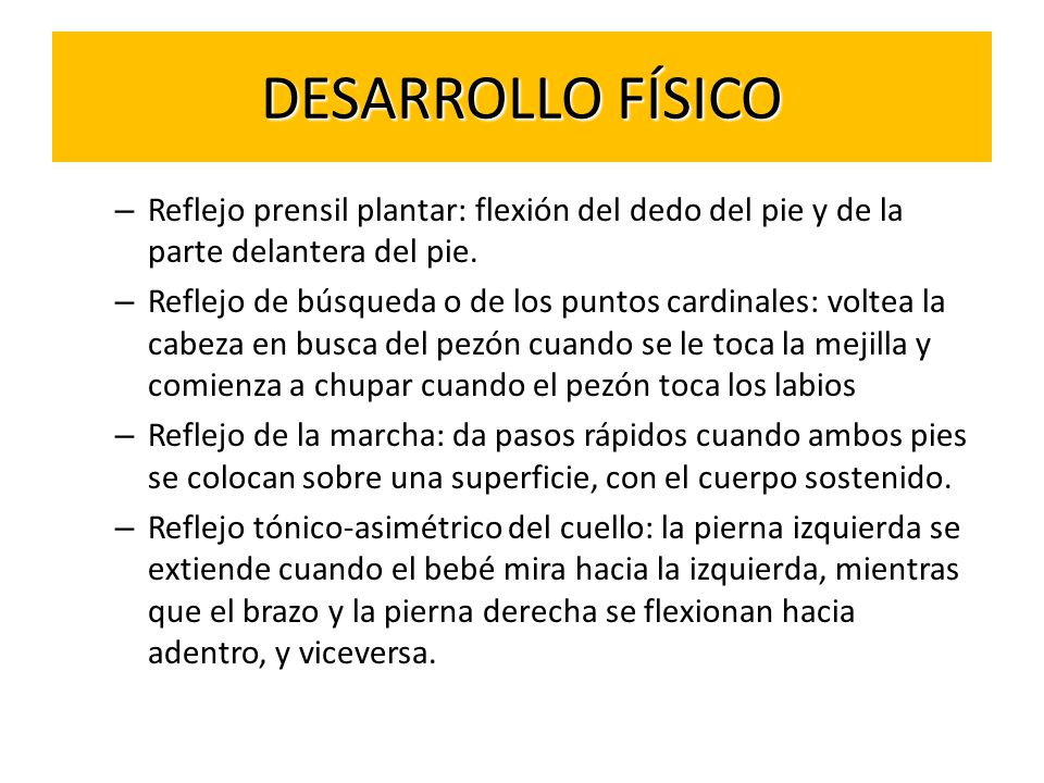 DESARROLLO FÍSICO Reflejo prensil plantar: flexión del dedo del pie y de la parte delantera del pie.
