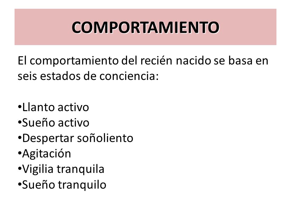 COMPORTAMIENTO El comportamiento del recién nacido se basa en seis estados de conciencia: Llanto activo.