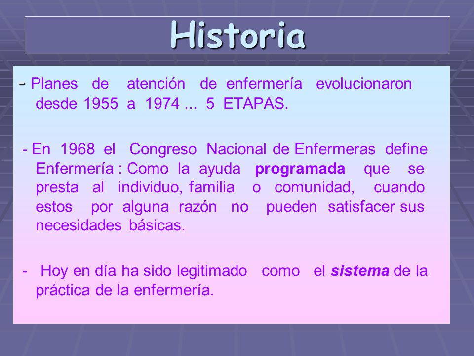 Historia - Planes de atención de enfermería evolucionaron desde 1955 a ETAPAS.