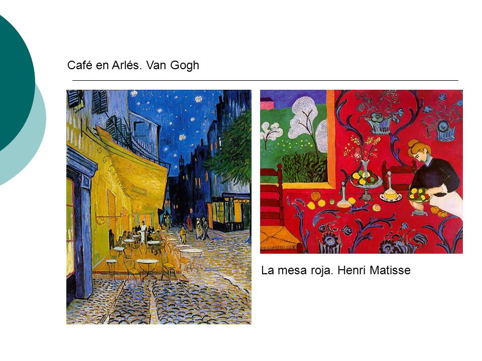 Café en Arlés. Van Gogh La mesa roja. Henri Matisse
