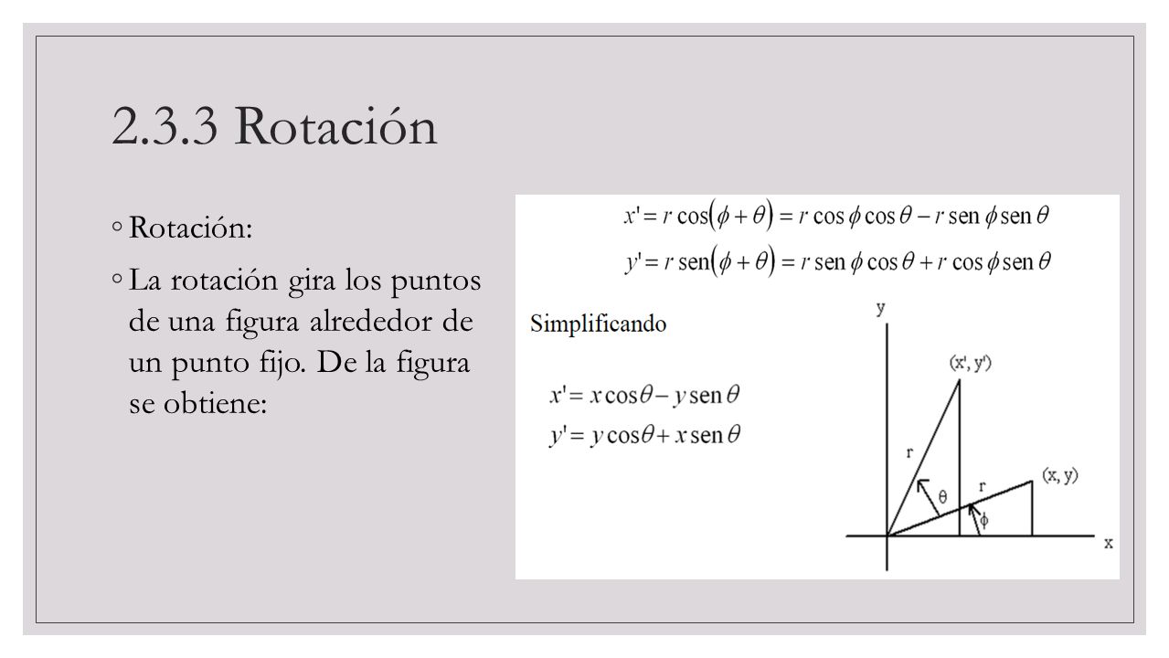 2.3.3 Rotación Rotación: La rotación gira los puntos de una figura alrededor de un punto fijo.