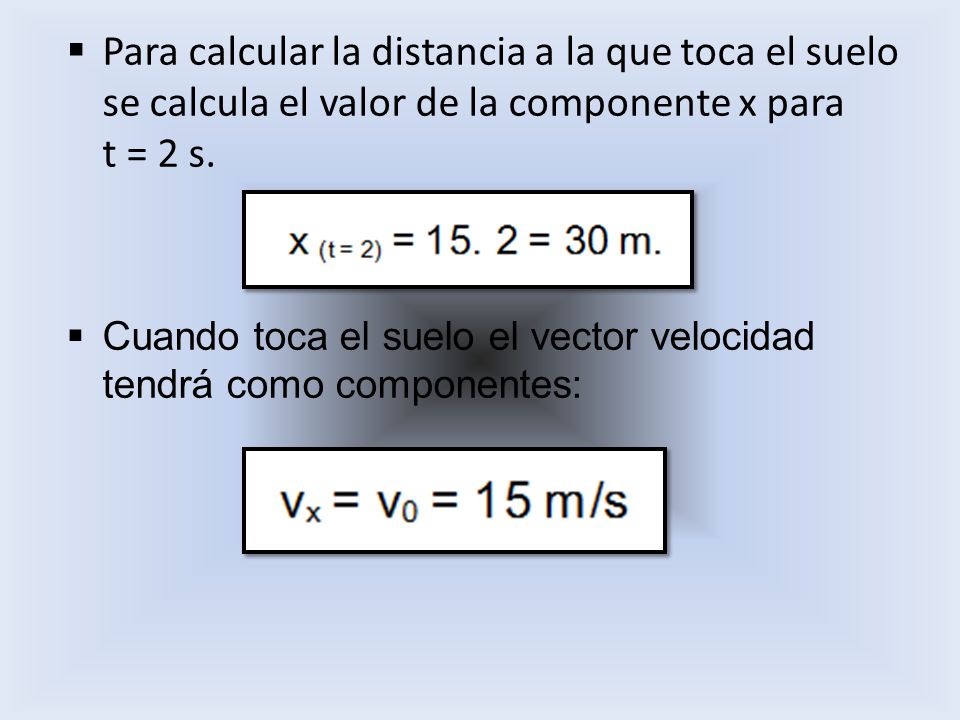 Para calcular la distancia a la que toca el suelo se calcula el valor de la componente x para t = 2 s.