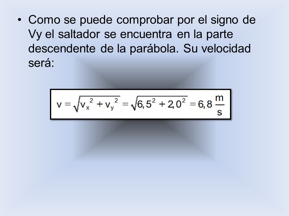 Como se puede comprobar por el signo de Vy el saltador se encuentra en la parte descendente de la parábola.