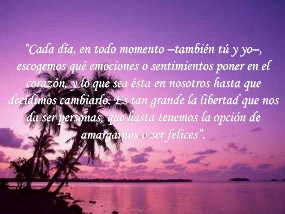 Cada día, en todo momento –también tú y yo–, escogemos qué emociones o sentimientos poner en el corazón, y lo que sea ésta en nosotros hasta que decidimos cambiarlo.