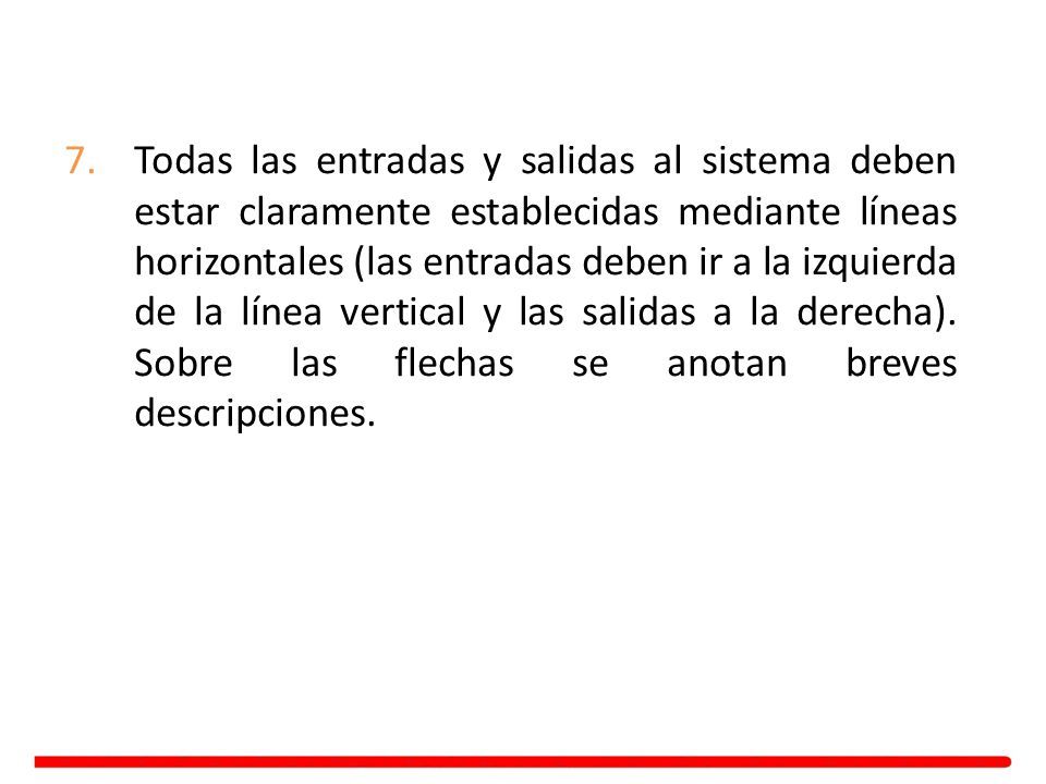 Todas las entradas y salidas al sistema deben estar claramente establecidas mediante líneas horizontales (las entradas deben ir a la izquierda de la línea vertical y las salidas a la derecha).