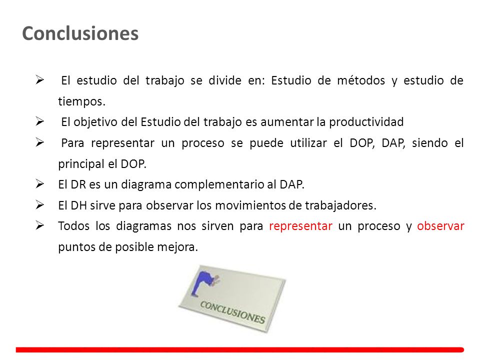 Conclusiones El estudio del trabajo se divide en: Estudio de métodos y estudio de tiempos.