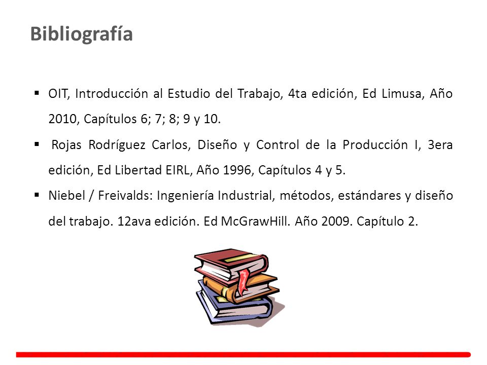 Bibliografía OIT, Introducción al Estudio del Trabajo, 4ta edición, Ed Limusa, Año 2010, Capítulos 6; 7; 8; 9 y 10.