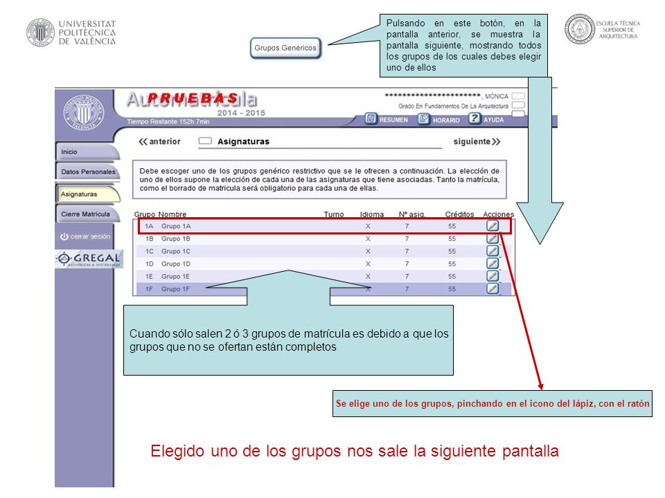Elegido uno de los grupos nos sale la siguiente pantalla