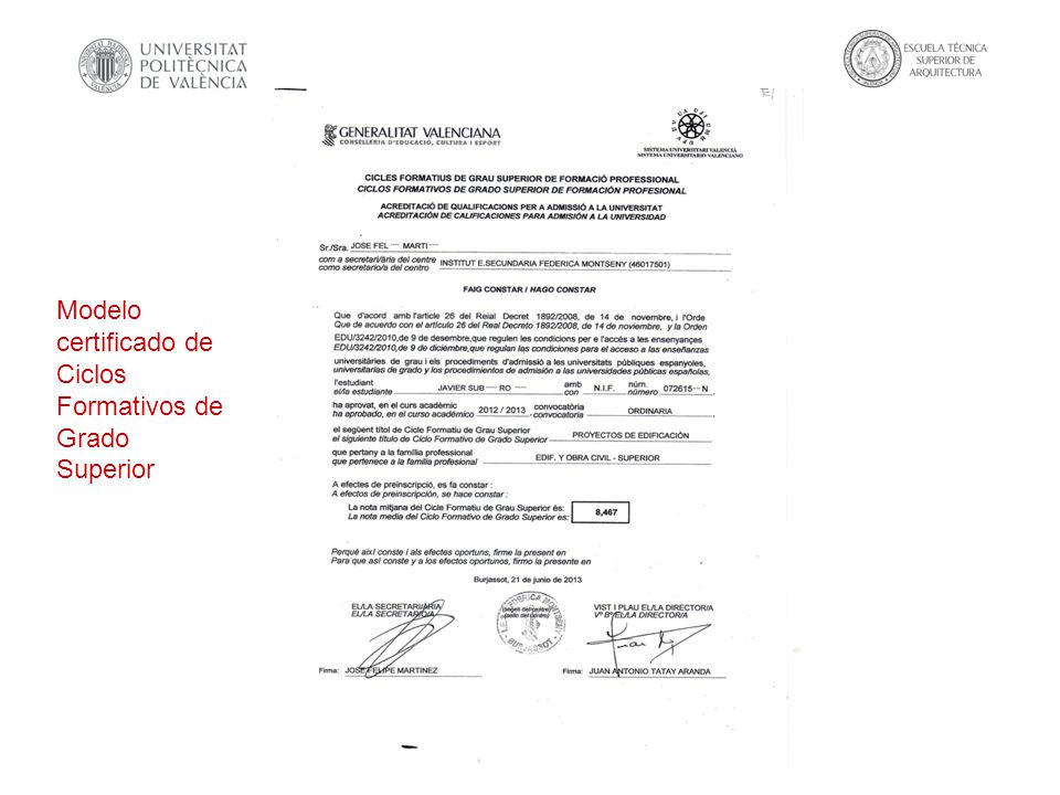 Modelo certificado de Ciclos Formativos de Grado Superior