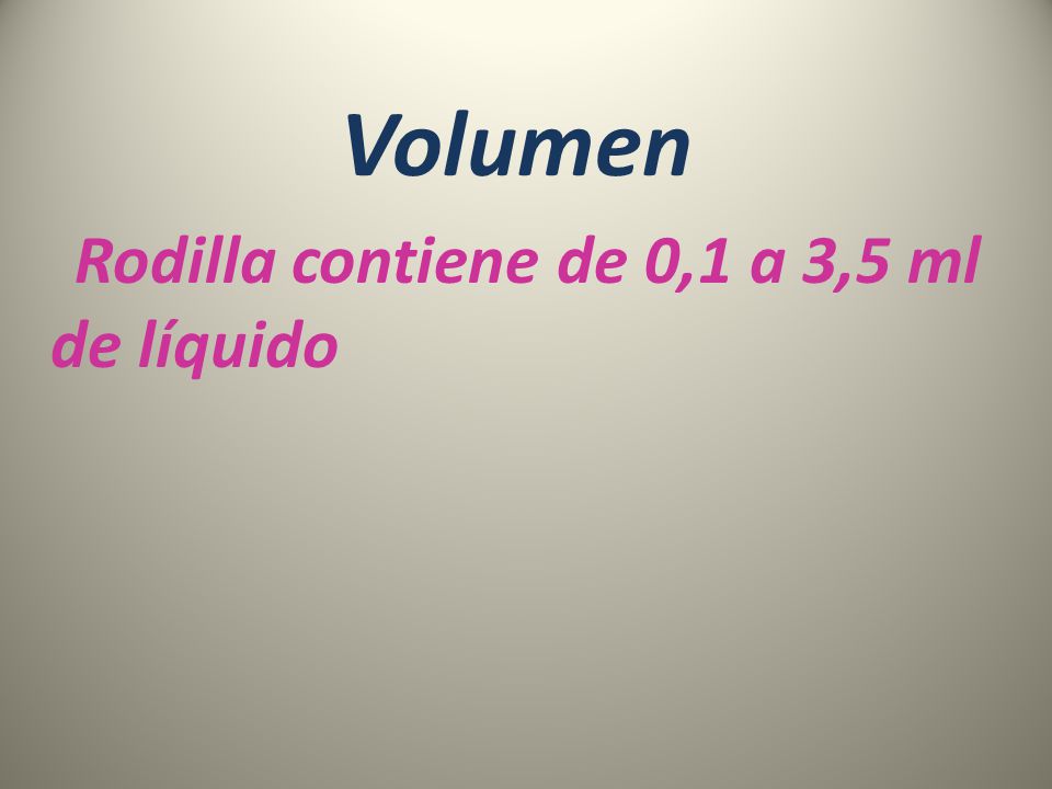 Volumen Rodilla contiene de 0,1 a 3,5 ml de líquido