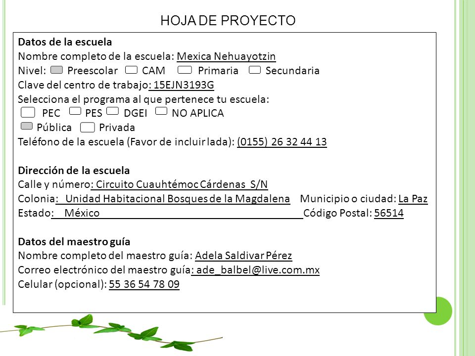 HOJA DE PROYECTO Datos de la escuela