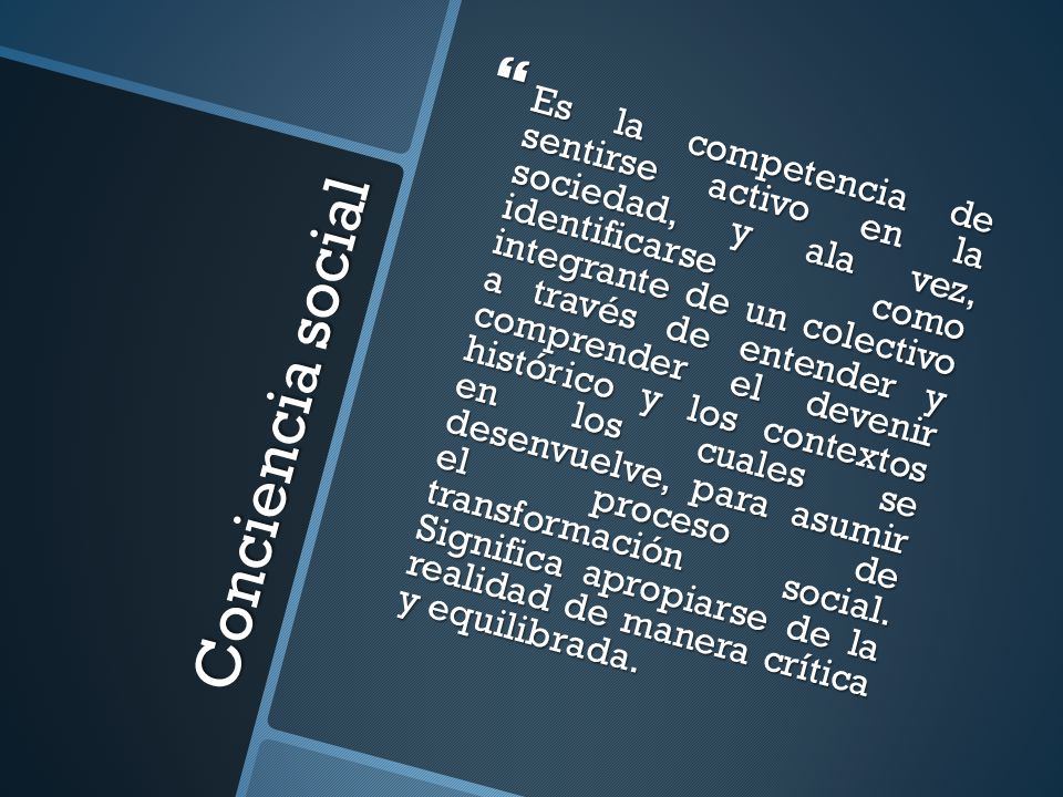 Es la competencia de sentirse activo en la sociedad, y ala vez, identificarse como integrante de un colectivo a través de entender y comprender el devenir histórico y los contextos en los cuales se desenvuelve, para asumir el proceso de transformación social. Significa apropiarse de la realidad de manera crítica y equilibrada.