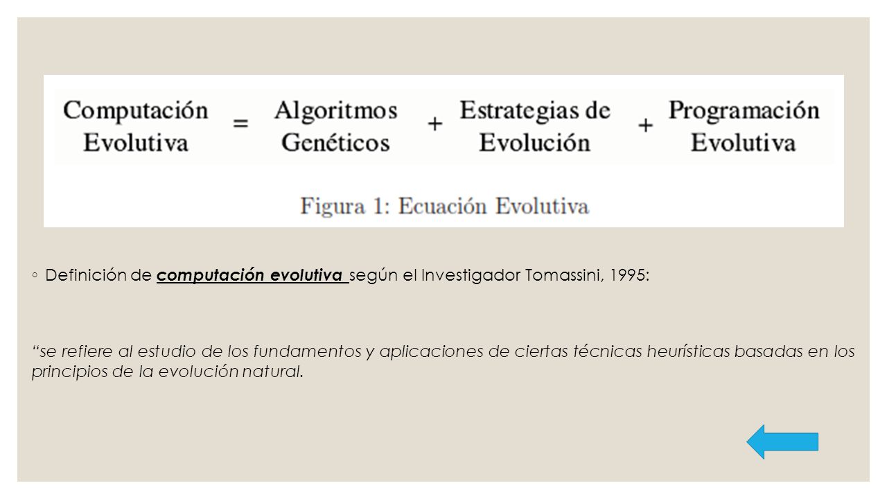 Definición de computación evolutiva según el Investigador Tomassini, 1995: