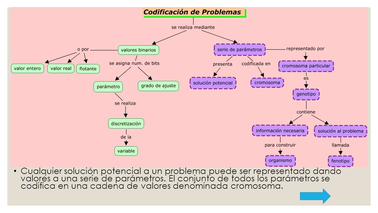 Cualquier solución potencial a un problema puede ser representado dando valores a una serie de parámetros.