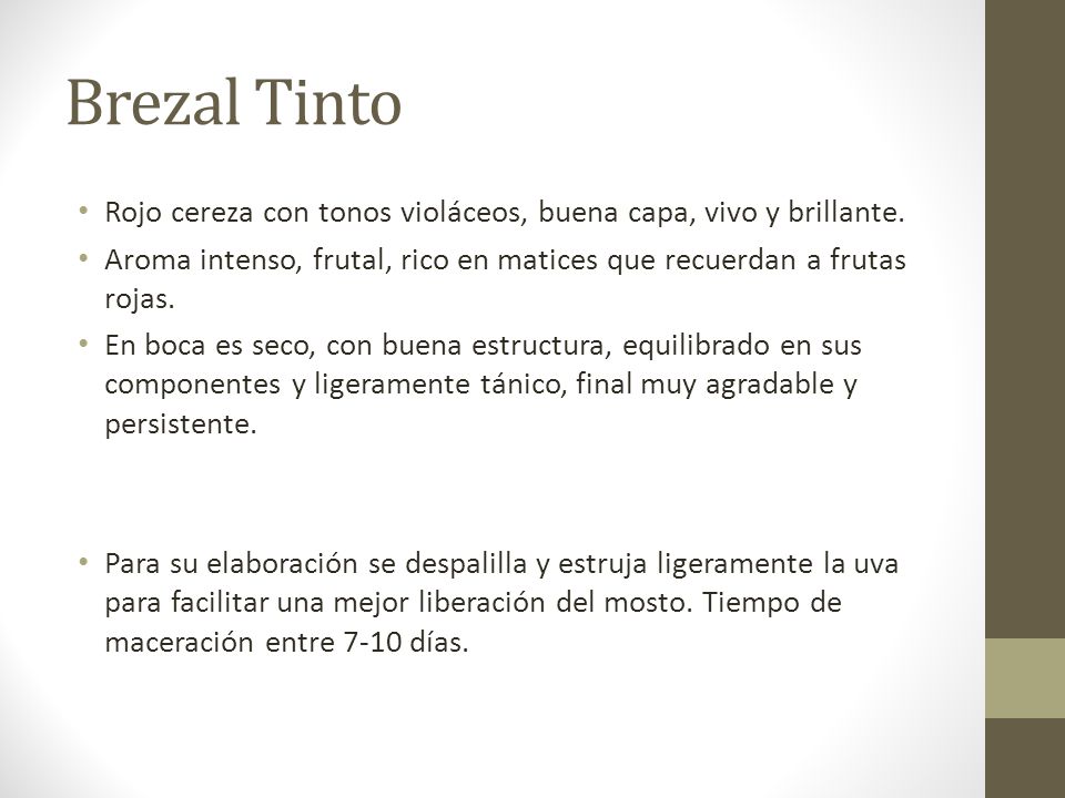 Brezal Tinto Rojo cereza con tonos violáceos, buena capa, vivo y brillante. Aroma intenso, frutal, rico en matices que recuerdan a frutas rojas.