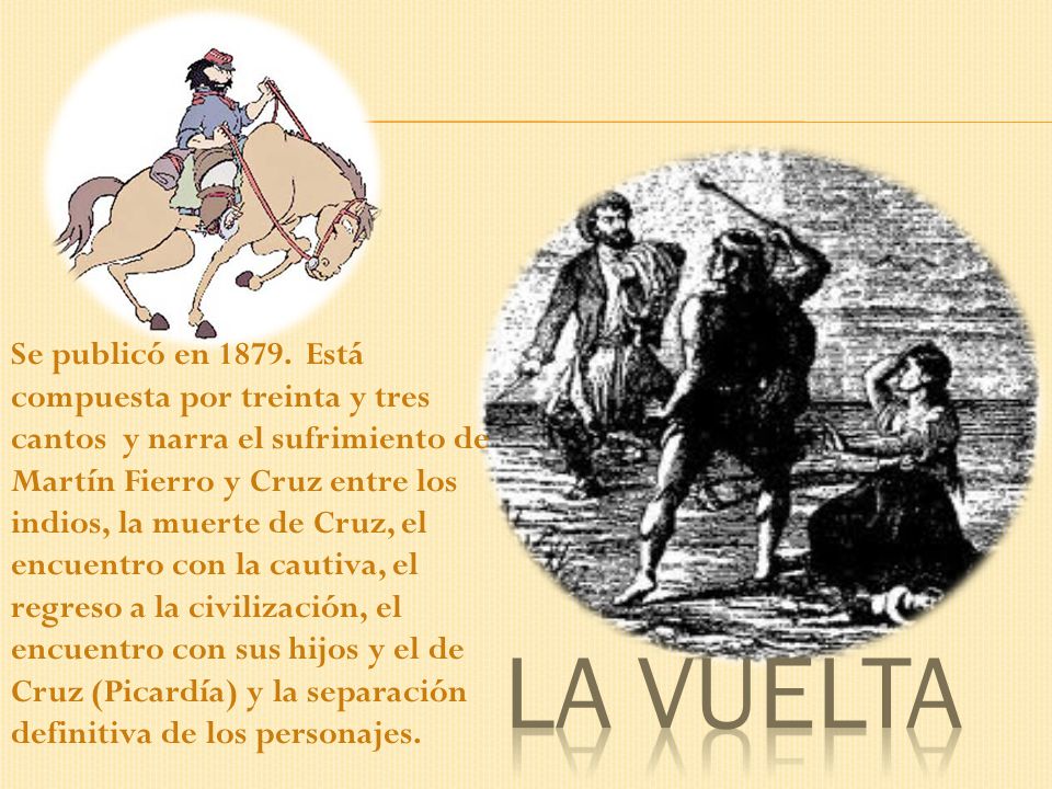 Se publicó en Está compuesta por treinta y tres cantos y narra el sufrimiento de Martín Fierro y Cruz entre los indios, la muerte de Cruz, el encuentro con la cautiva, el regreso a la civilización, el encuentro con sus hijos y el de Cruz (Picardía) y la separación definitiva de los personajes.