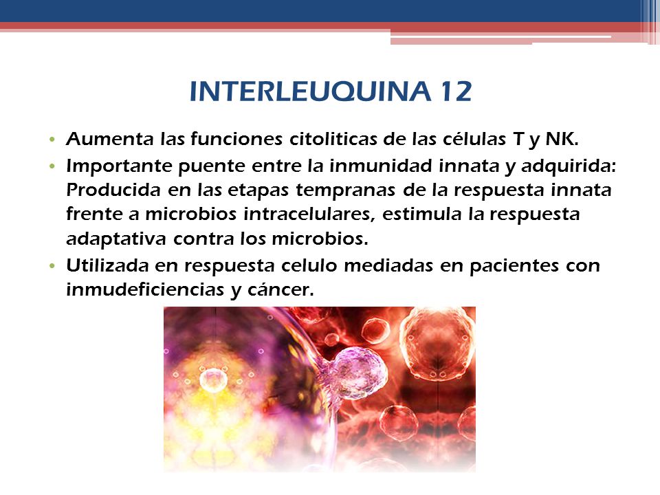 INTERLEUQUINA 12 Aumenta las funciones citoliticas de las células T y NK.