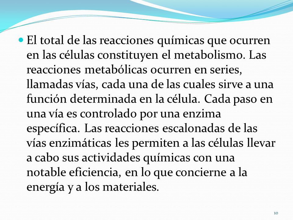 El total de las reacciones químicas que ocurren en las células constituyen el metabolismo.