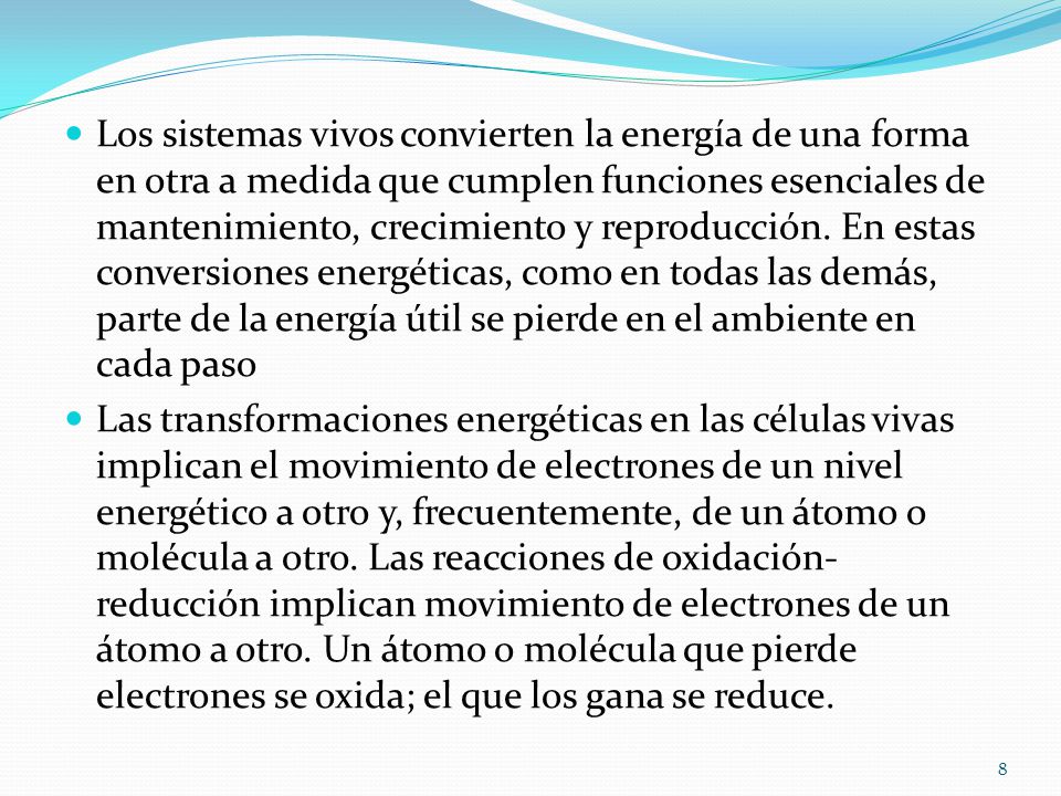 Los sistemas vivos convierten la energía de una forma en otra a medida que cumplen funciones esenciales de mantenimiento, crecimiento y reproducción. En estas conversiones energéticas, como en todas las demás, parte de la energía útil se pierde en el ambiente en cada paso