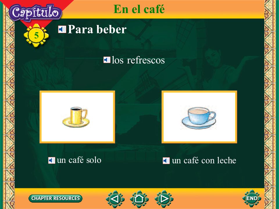 En el café Para beber 5 los refrescos un café solo un café con leche