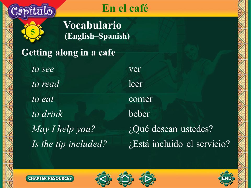 En el café Vocabulario Getting along in a cafe to see ver to read leer