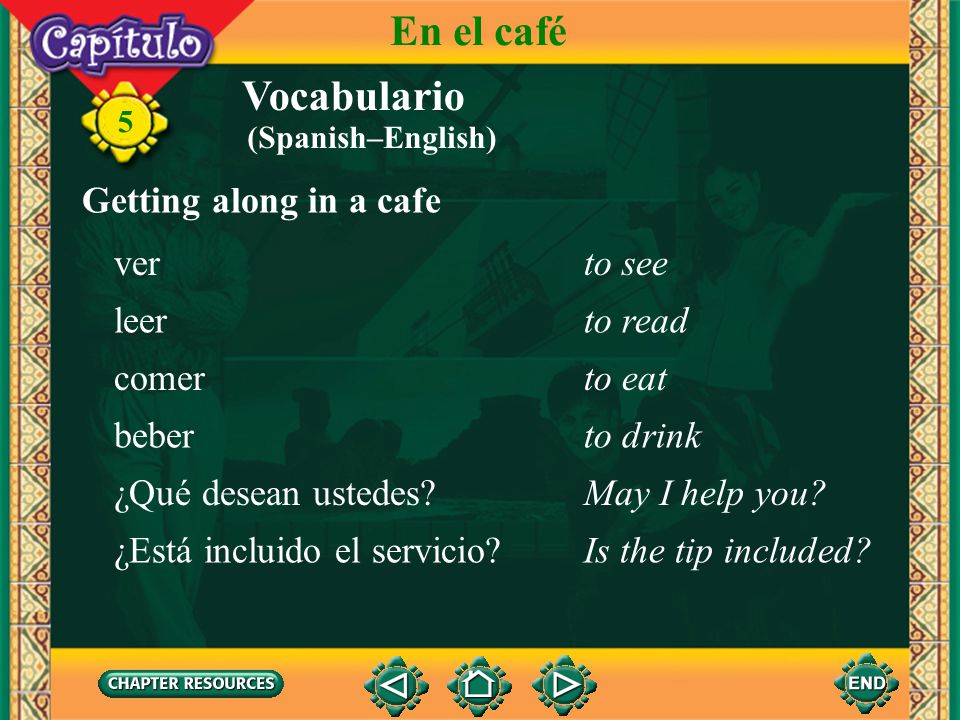 En el café Vocabulario Getting along in a cafe ver to see leer to read