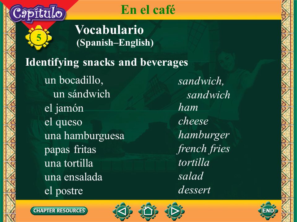 En el café Vocabulario Identifying snacks and beverages un bocadillo,