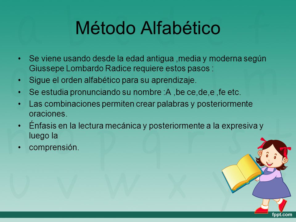 Método Alfabético Se viene usando desde la edad antigua ,media y moderna según Giussepe Lombardo Radice requiere estos pasos :